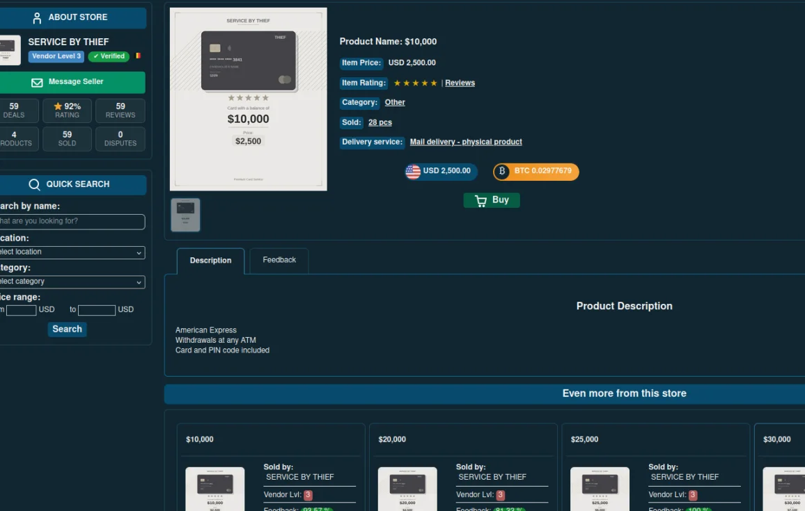 Darknet marketplace product page showing pricing and discounts